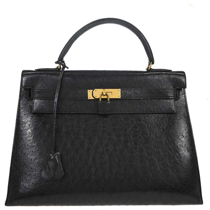 Hermes * Black Ostrich Kelly 32 Sellier Handbag