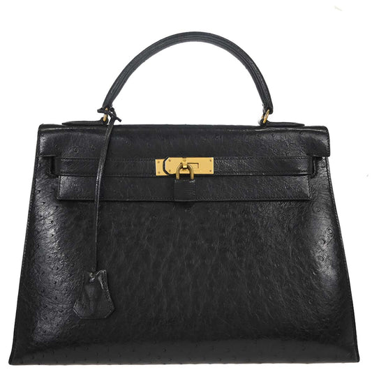 Hermes * Black Ostrich Kelly 32 Sellier Handbag