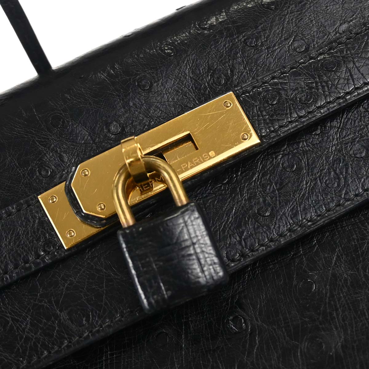 Hermes * Black Ostrich Kelly 32 Sellier Handbag