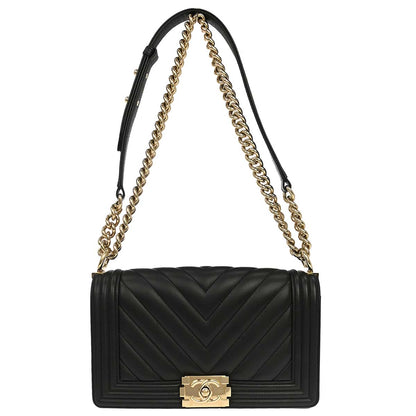 Boy Chanel 2019 Black Lambskin Chevron Medium Double Chain Shoulder Bag