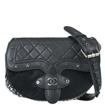 Chanel Black Calfskin Pony Hair Paris-Dallas Saddle Shoulder Bag