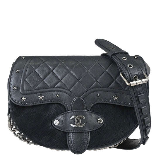 Chanel Black Calfskin Pony Hair Paris-Dallas Saddle Shoulder Bag