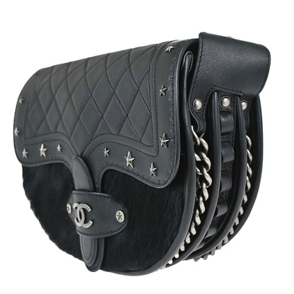 Chanel Black Calfskin Pony Hair Paris-Dallas Saddle Shoulder Bag