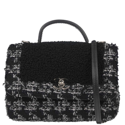 Chanel 2017-2018 Black Tweed Shierling Top Handle 2way Shoulder Handbag