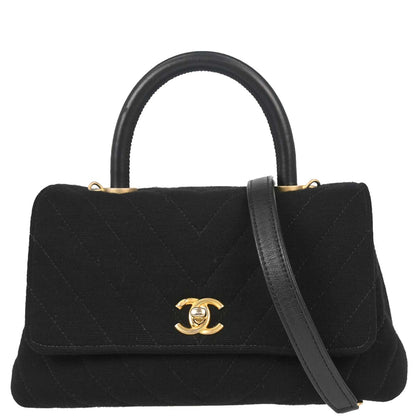 Chanel 2019 Black Cotton Chevron Coco Handle 2way Shoulder Handbag