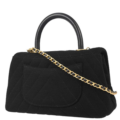 Chanel 2019 Black Cotton Chevron Coco Handle 2way Shoulder Handbag