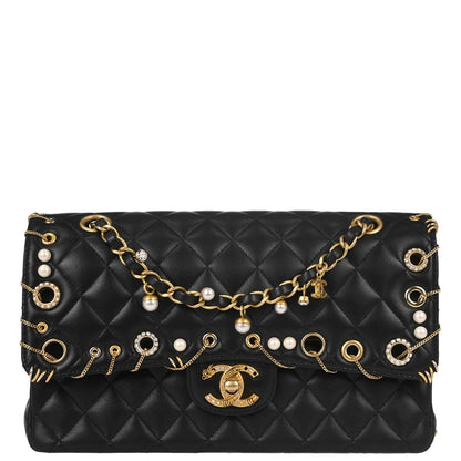 Chanel 2019 Black Lambskin Medium Piercing Chic Double Flap Shoulder Bag