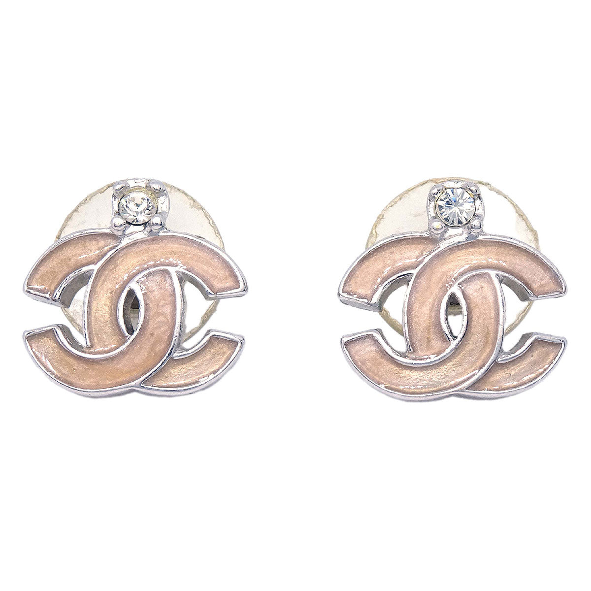 Chanel CC Pierced Earrings Silver Rhinestone 05C