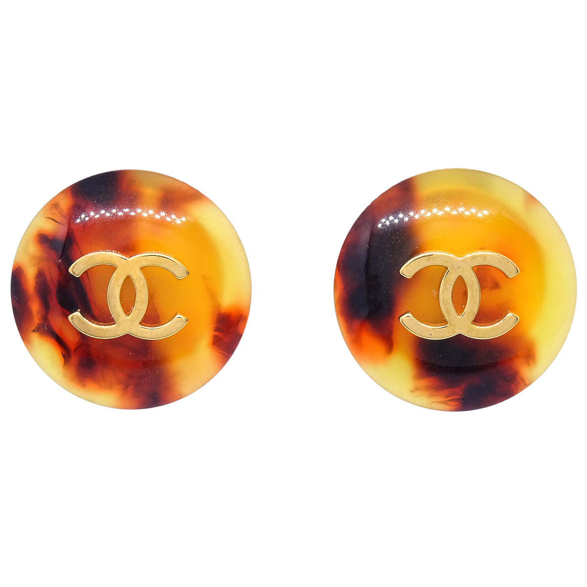 Chanel Button Clip-On Earrings Gold Brown Faux Tortoiseshell 97P