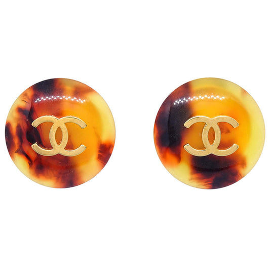 Chanel Button Clip-On Earrings Gold Brown Faux Tortoiseshell 97P