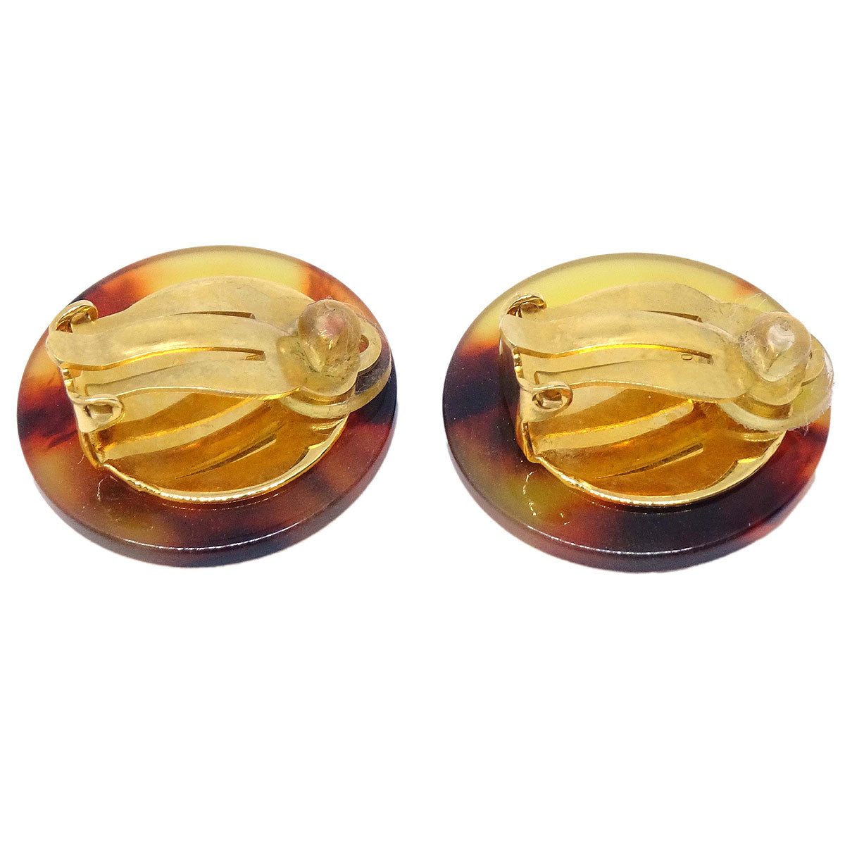 Chanel Button Clip-On Earrings Gold Brown Faux Tortoiseshell 97P