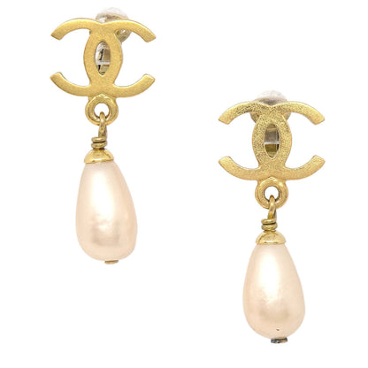 Chanel Costume Pearl CC Dangle Clip-On Earrings Gold White 95P