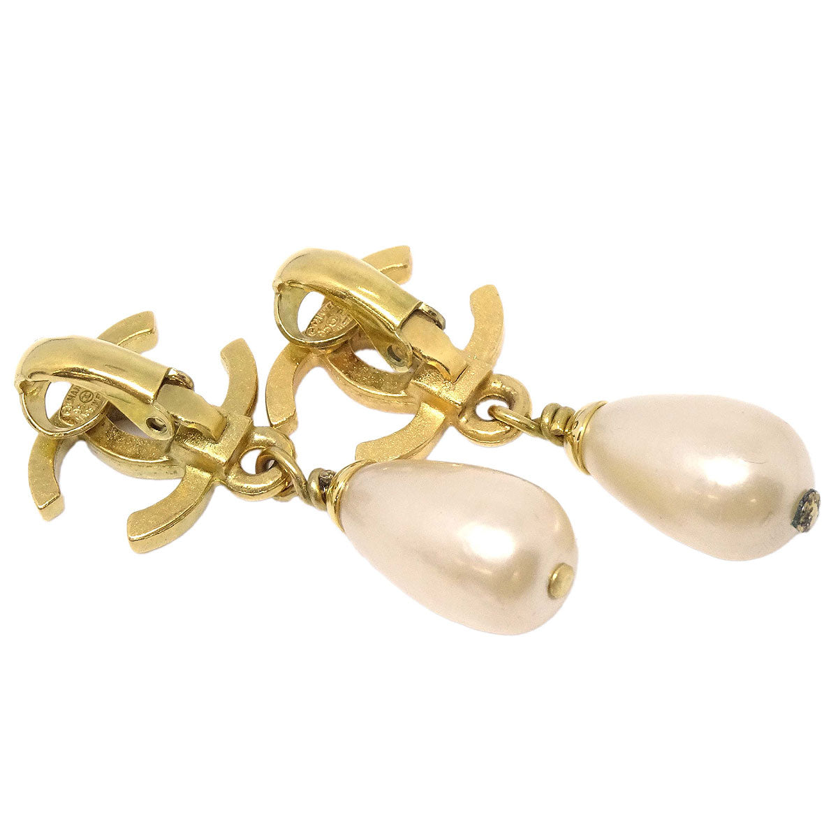 Chanel Costume Pearl CC Dangle Clip-On Earrings Gold White 95P