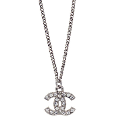 Chanel CC Chain Necklace Pendant Silver Rhinestone 10V