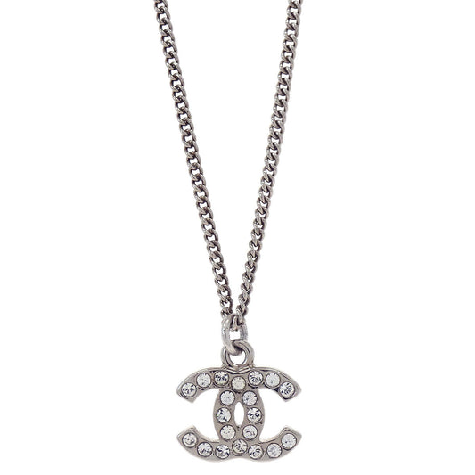 Chanel CC Chain Necklace Pendant Silver Rhinestone 10V