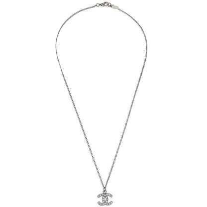 Chanel CC Chain Necklace Pendant Silver Rhinestone 10V