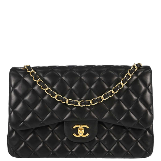 Chanel 2014 Black Lambskin Jumbo Classic Double Flap Shoulder Bag