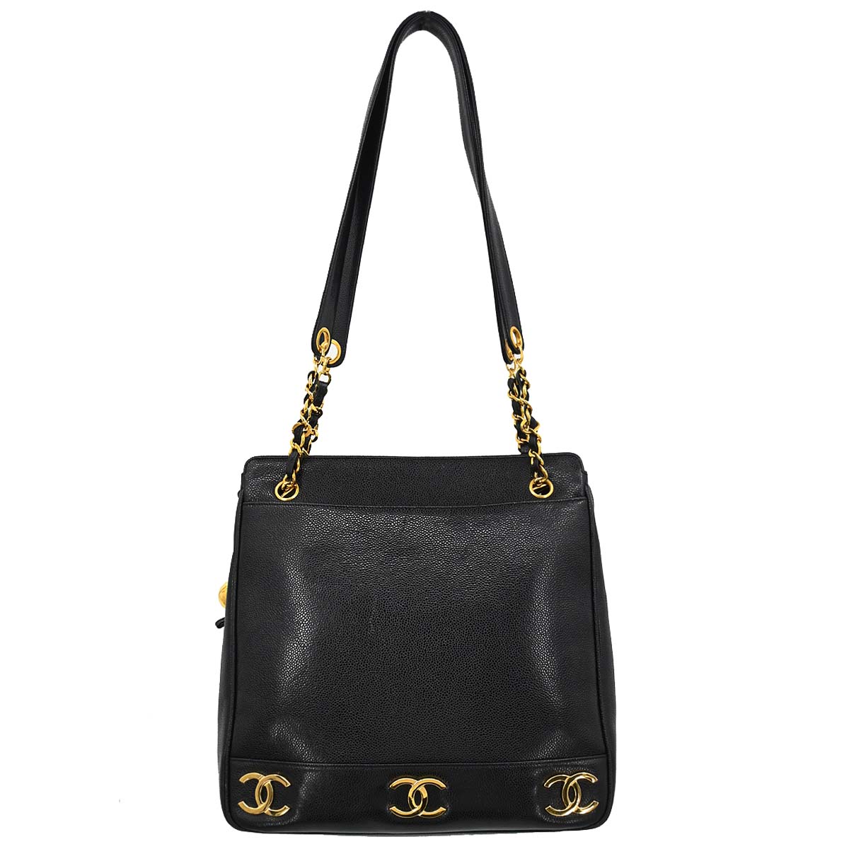 Chanel 1991-1994 Black Caviar Skin Triple CC Shoulder Tote Bag