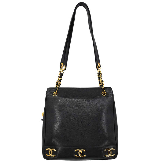 Chanel 1991-1994 Black Caviar Skin Triple CC Shoulder Tote Bag