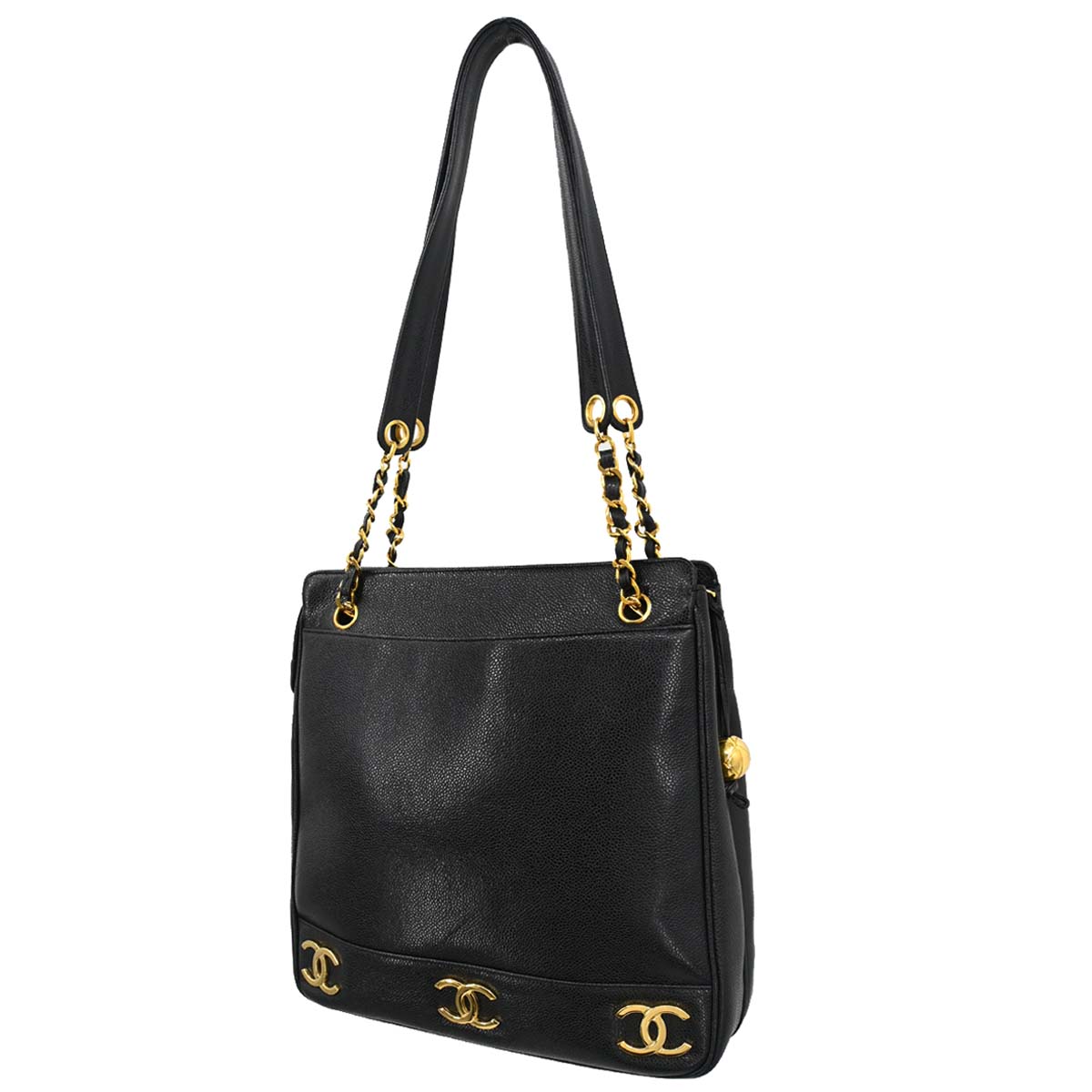 Chanel 1991-1994 Black Caviar Skin Triple CC Shoulder Tote Bag