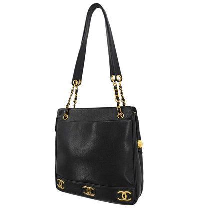 Chanel 1991-1994 Black Caviar Skin Triple CC Shoulder Tote Bag