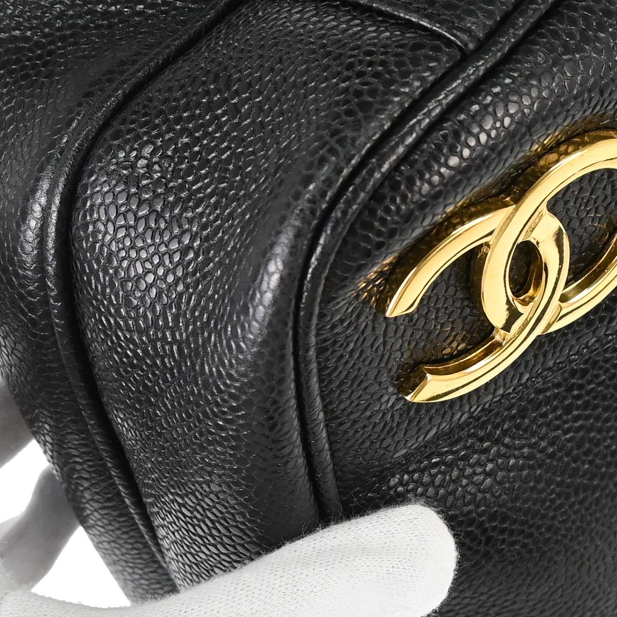 Chanel 1991-1994 Black Caviar Skin Triple CC Shoulder Tote Bag