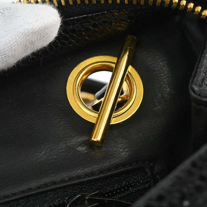 Chanel 1991-1994 Black Caviar Skin Triple CC Shoulder Tote Bag