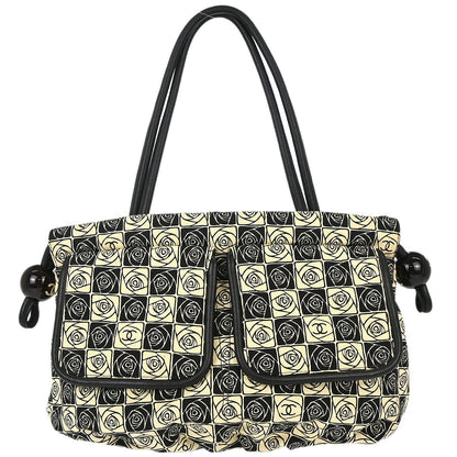 Chanel 2003-2004 Black Beige Canvas Coco Ball Camellia Tote Handbag