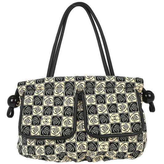 Chanel 2003-2004 Black Beige Canvas Coco Ball Camellia Tote Handbag