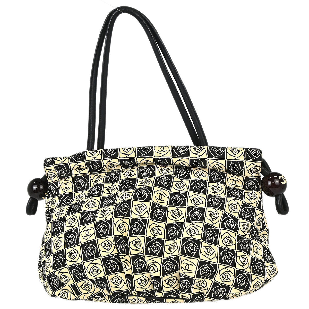 Chanel 2003-2004 Black Beige Canvas Coco Ball Camellia Tote Handbag