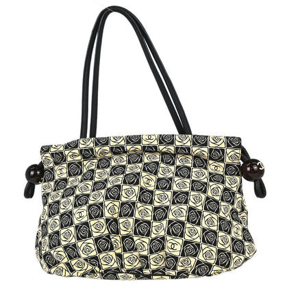 Chanel 2003-2004 Black Beige Canvas Coco Ball Camellia Tote Handbag