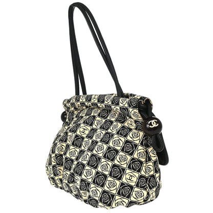 Chanel 2003-2004 Black Beige Canvas Coco Ball Camellia Tote Handbag