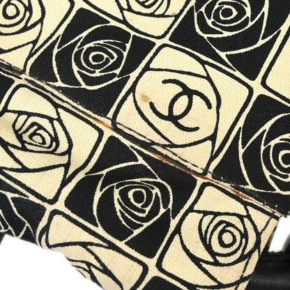 Chanel 2003-2004 Black Beige Canvas Coco Ball Camellia Tote Handbag