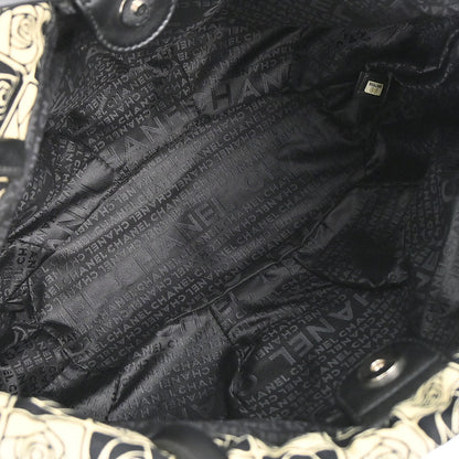 Chanel 2003-2004 Black Beige Canvas Coco Ball Camellia Tote Handbag