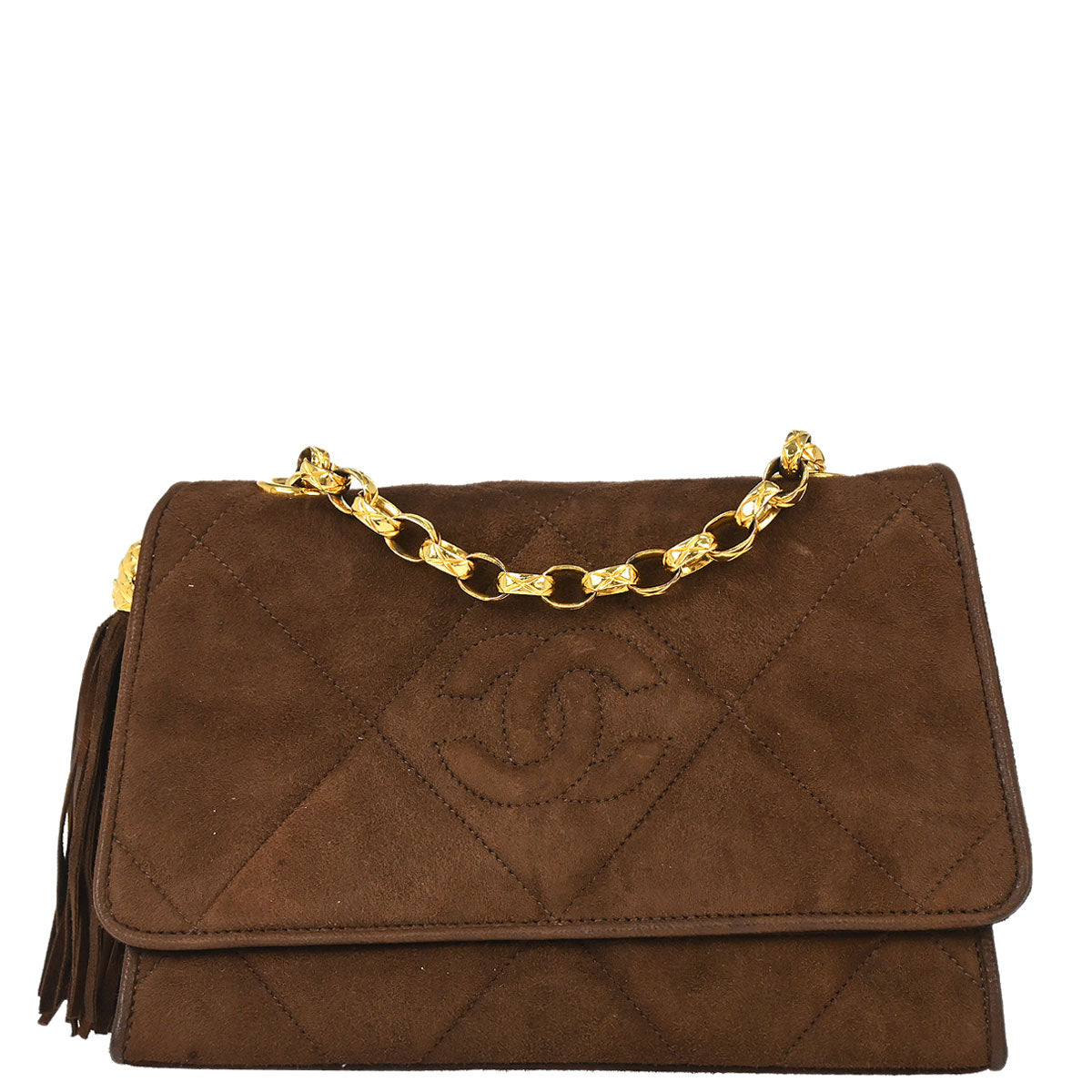 Chanel Brown Suede Fringe Straight Flap Shoulder Bag