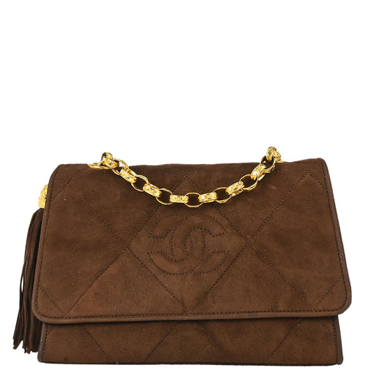 Chanel Brown Suede Fringe Straight Flap Shoulder Bag