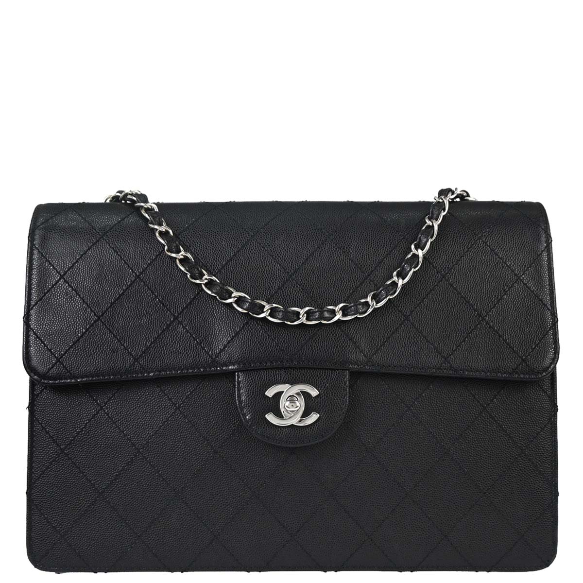 Chanel 1997-1999 Black Caviar Skin Jumbo Classic Flap Shoulder Bag
