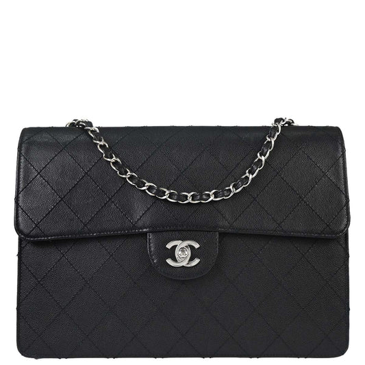 Chanel 1997-1999 Black Caviar Skin Jumbo Classic Flap Shoulder Bag