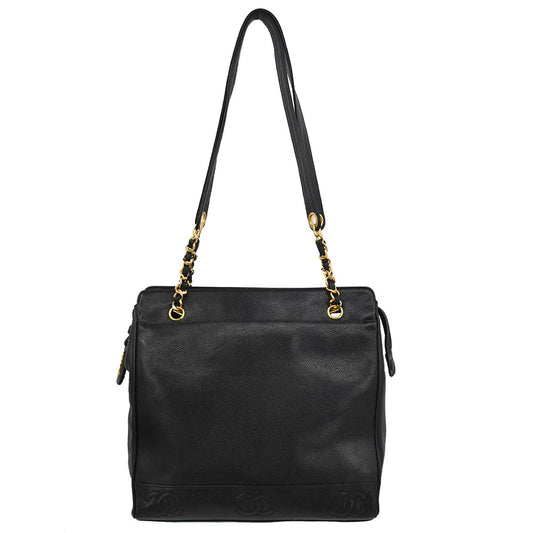 Chanel 1996-1997 Black Caviar Skin Triple CC Shoulder Tote Bag