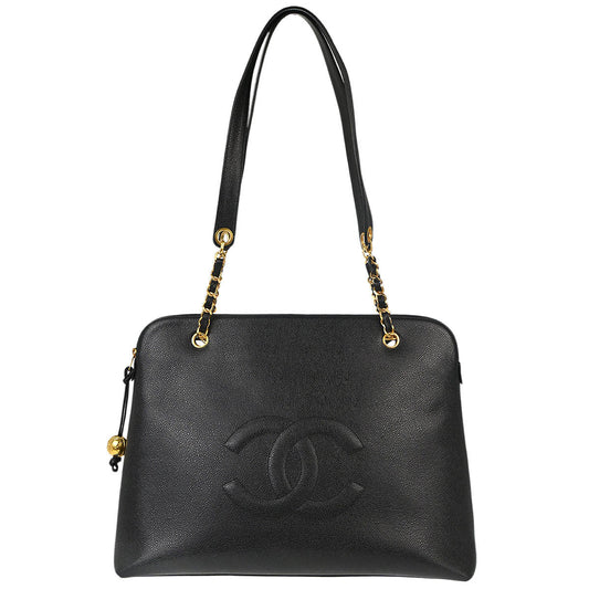 Chanel 1994-1996 Black Caviar Skin CC Shoulder Tote Bag