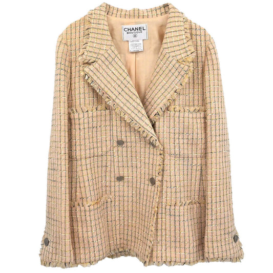 Chanel 1998 Double Breasted Tweed Jacket Beige #40