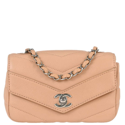 Chanel 2017-2018 Beige Caviar Skin Chevron Shoulder Bag