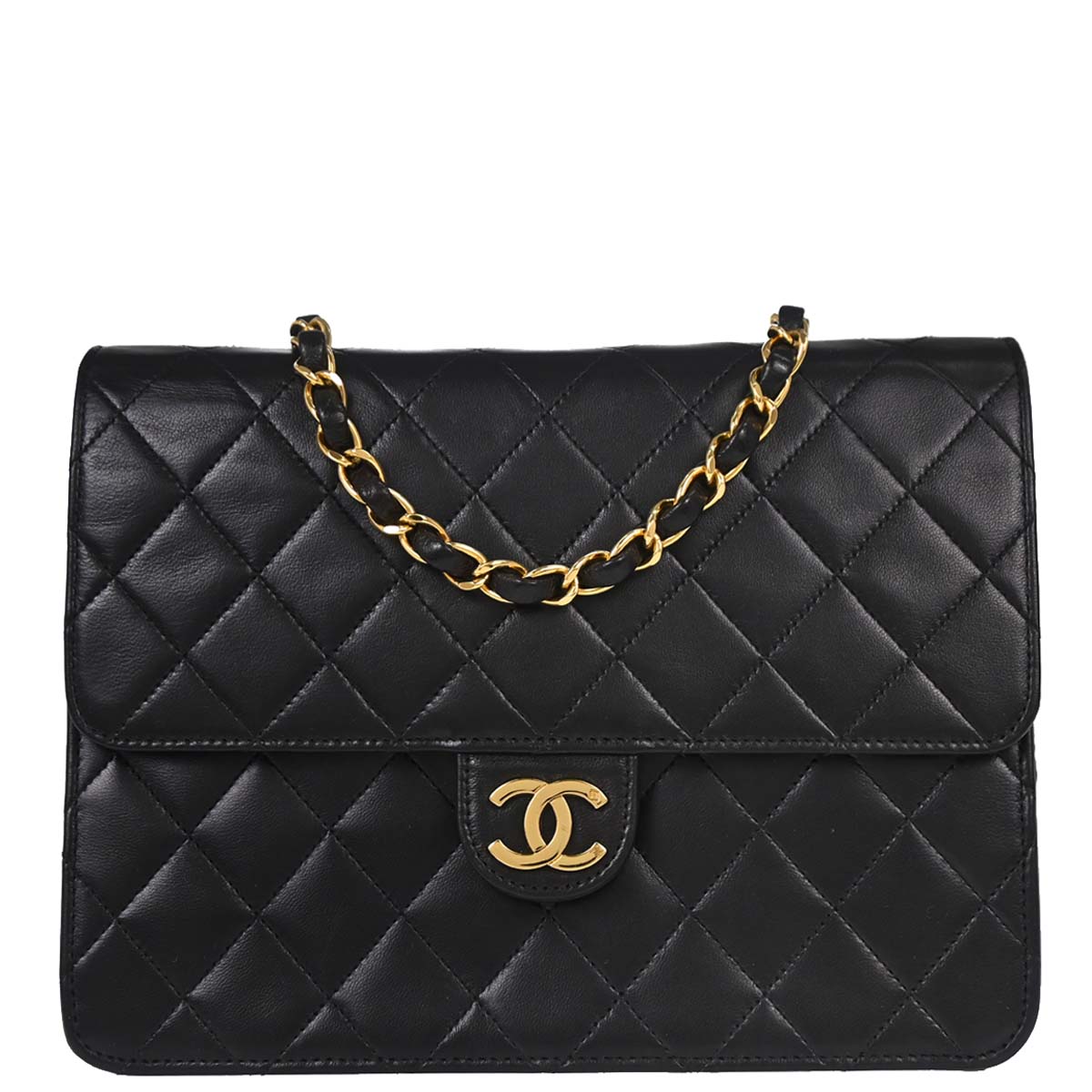 Chanel 1997-1999 Black Lambskin Pushlock Small Half Flap Shoulder Bag