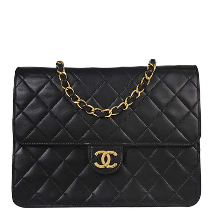 Chanel 1997-1999 Black Lambskin Pushlock Small Half Flap Shoulder Bag