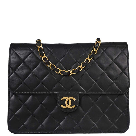 Chanel 1997-1999 Black Lambskin Pushlock Small Half Flap Shoulder Bag