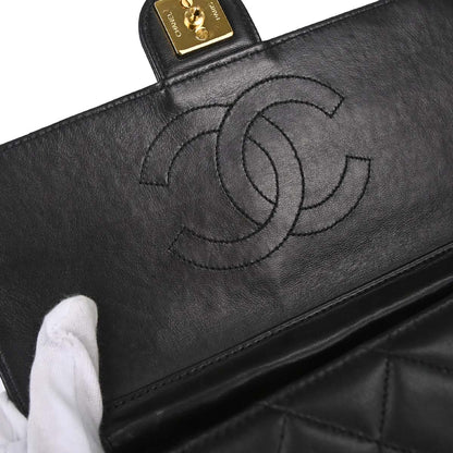 Chanel 1997-1999 Black Lambskin Pushlock Small Half Flap Shoulder Bag