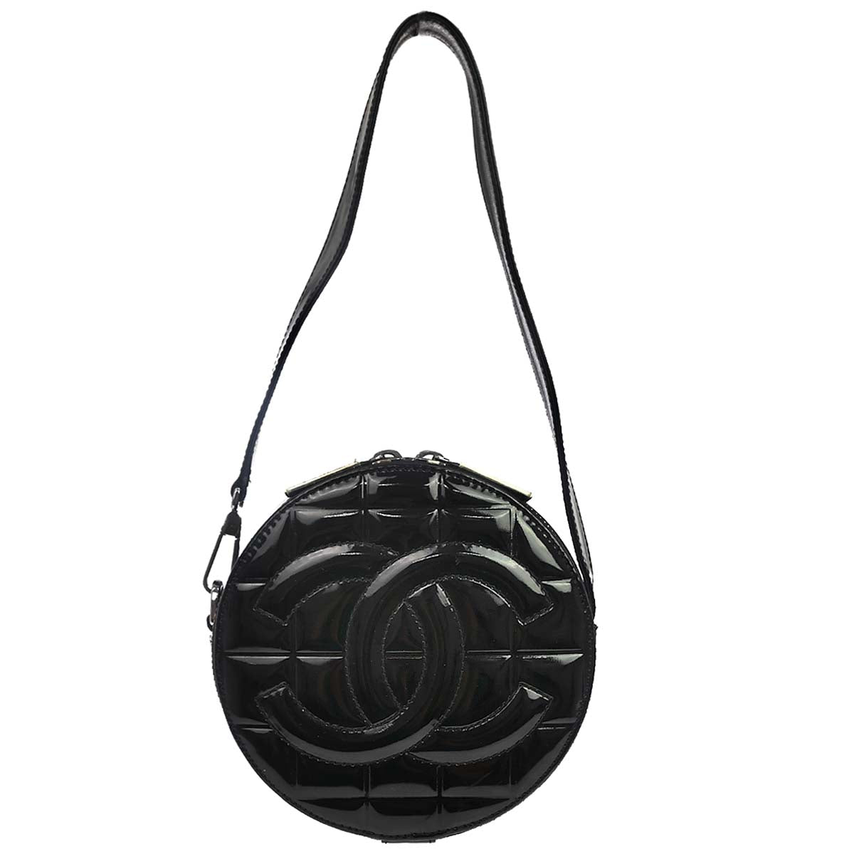 Chanel 2003-2004 Black Patent Leather Choco Bar Round Handbag