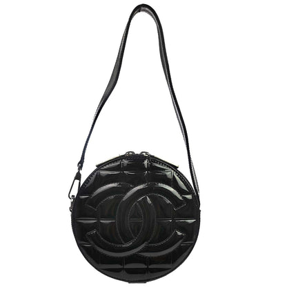 Chanel 2003-2004 Black Patent Leather Choco Bar Round Handbag