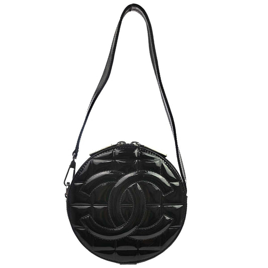 Chanel 2003-2004 Black Patent Leather Choco Bar Round Handbag