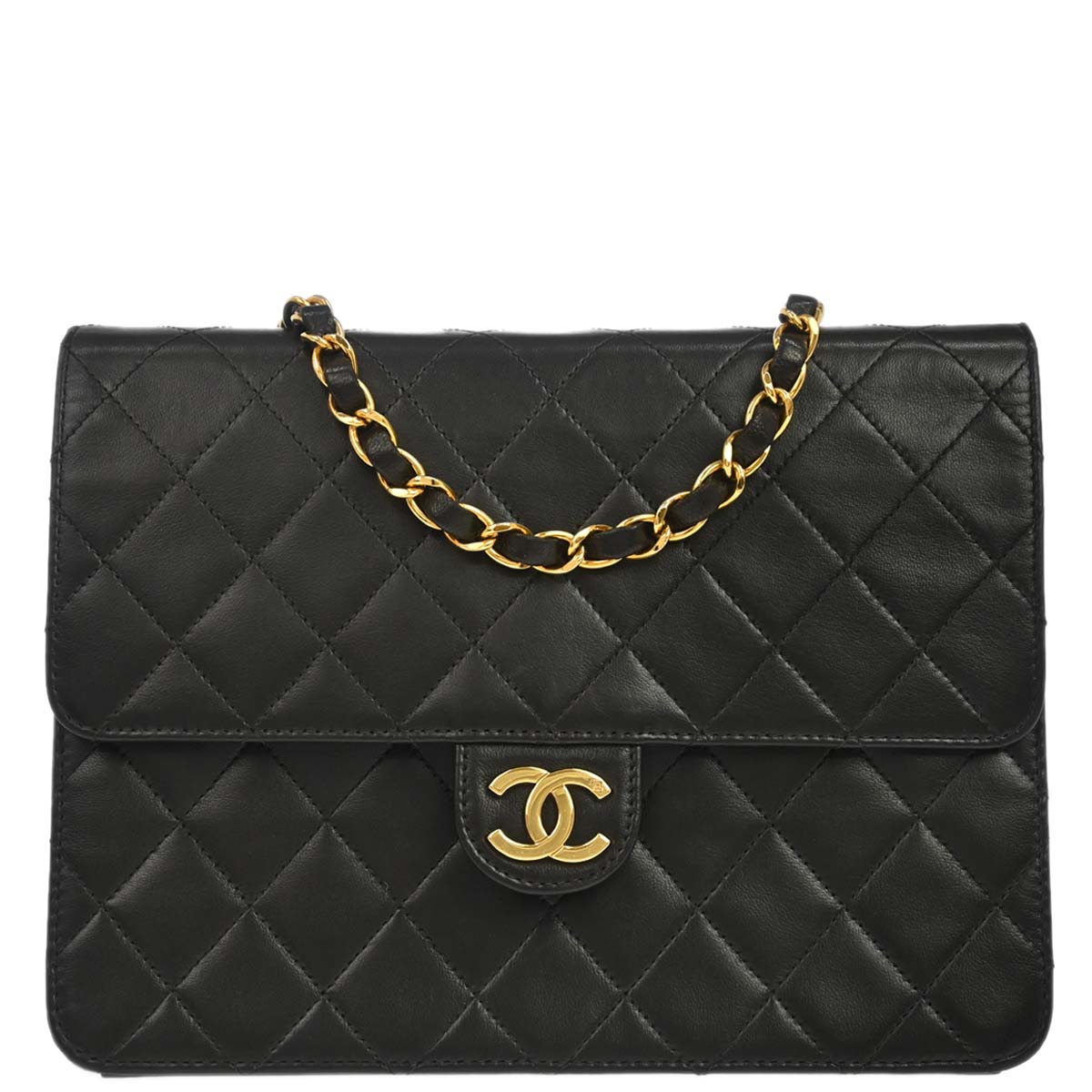 Chanel 1997-1999 Black Lambskin Pushlock Small Half Flap Shoulder Bag